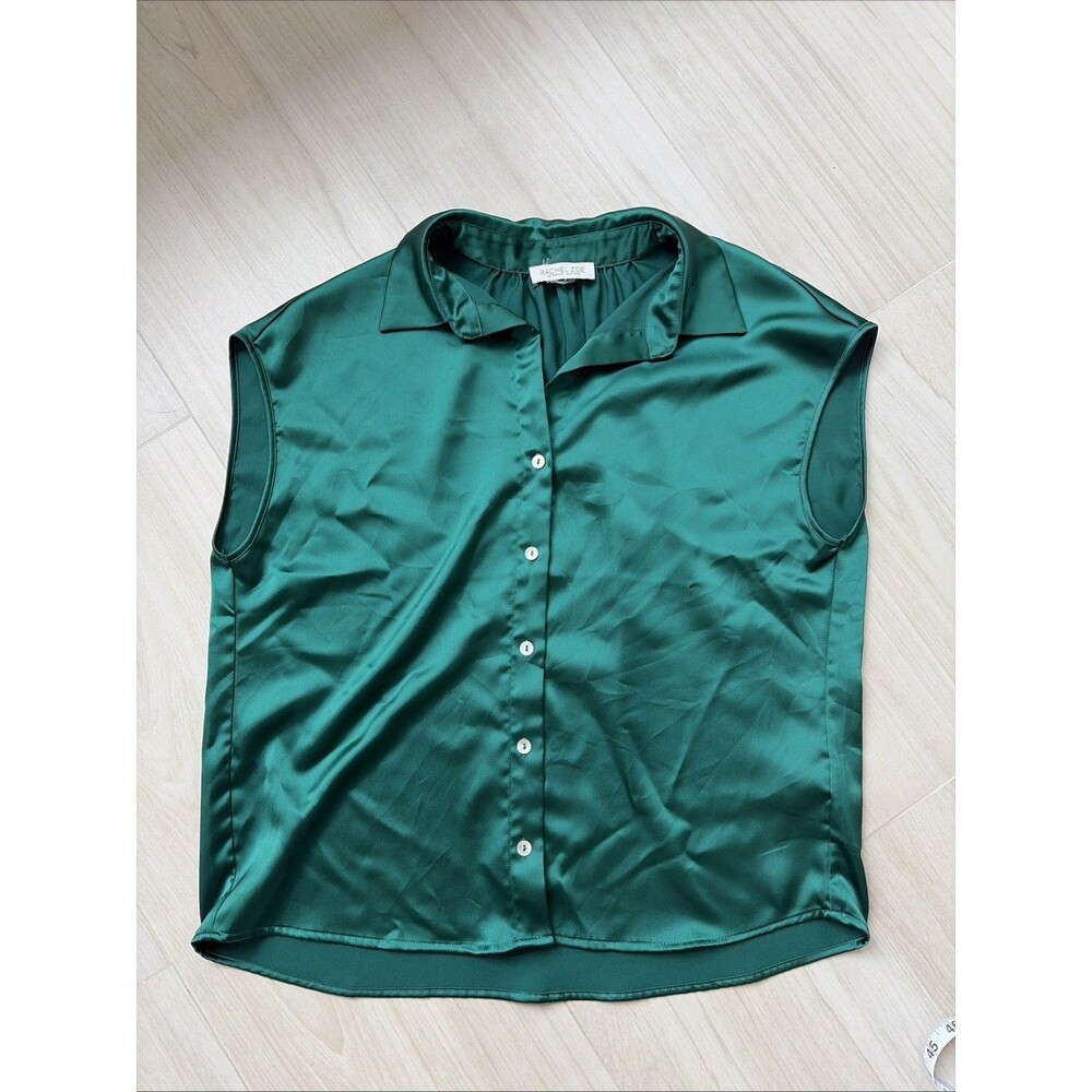 Rachel Zoe Green Satin Button-Up Collared Cap Sleeve Blouse Small Work Christmas